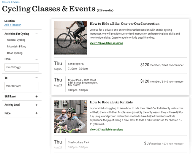 Cycling classes and events on REI