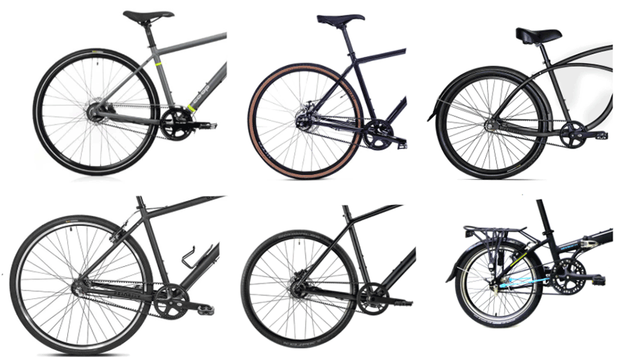 image collage of different belt drive bikes