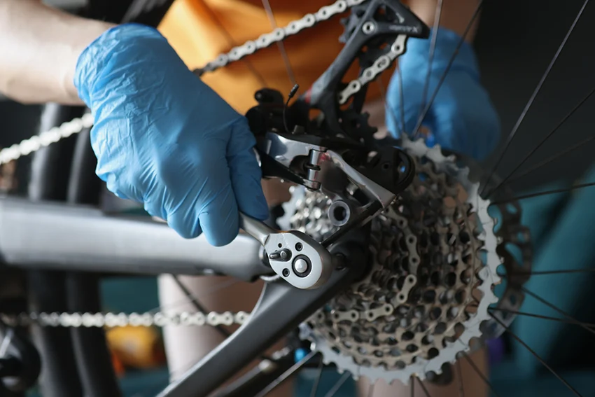 closeup of a bike rear wheel repair