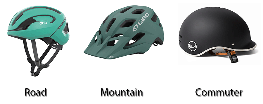 Different helmet types in a row - road, mountain and commuter helmet