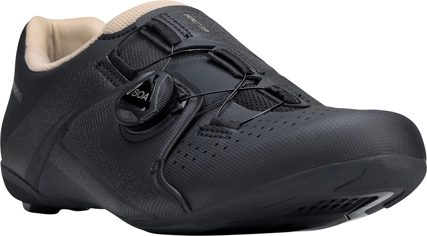 Closeup view of black road bike shoes