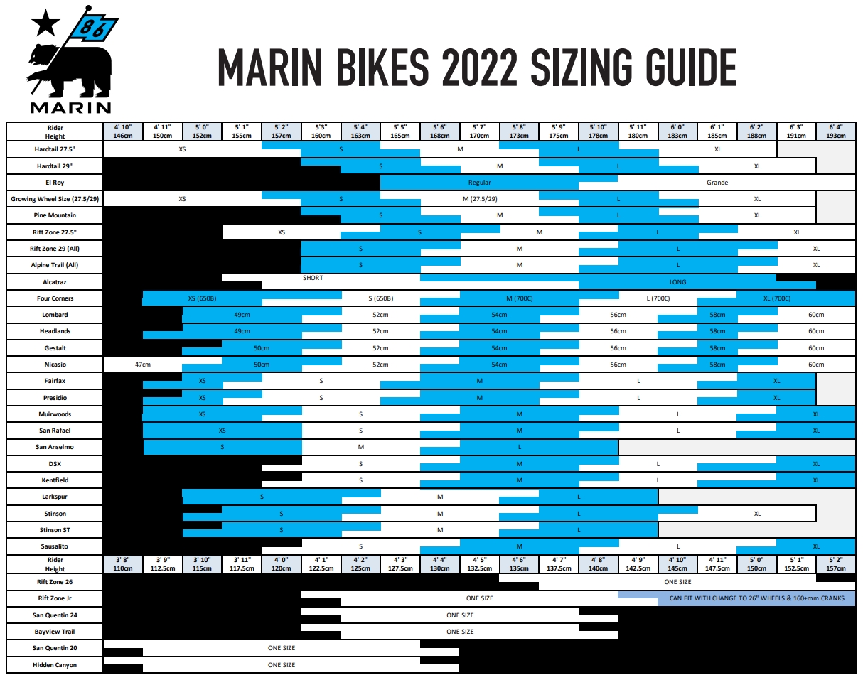 Marin bike size chart new arrivals