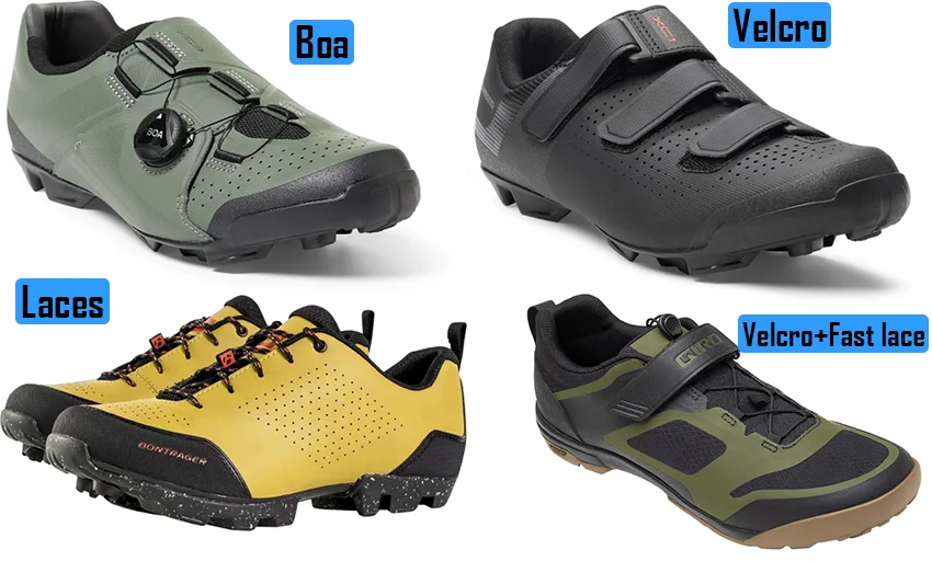 four types of closure systems on gravel bike shoes