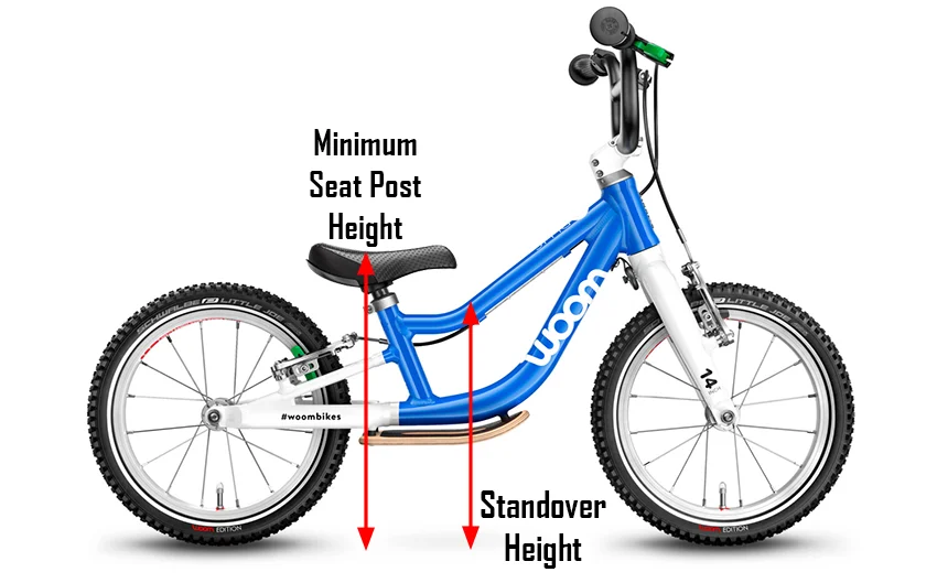 kids bike size seat post height and standover height illustrated 