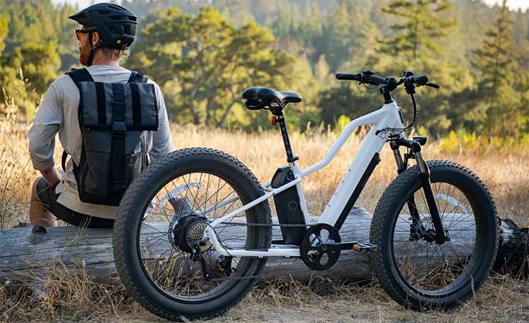 man sitting next to white blix electric bike