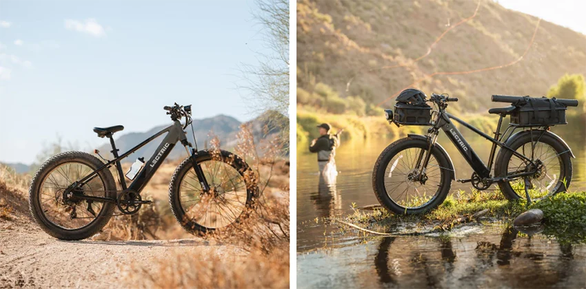 collage of two images of lectric xpeak electric bike in nature