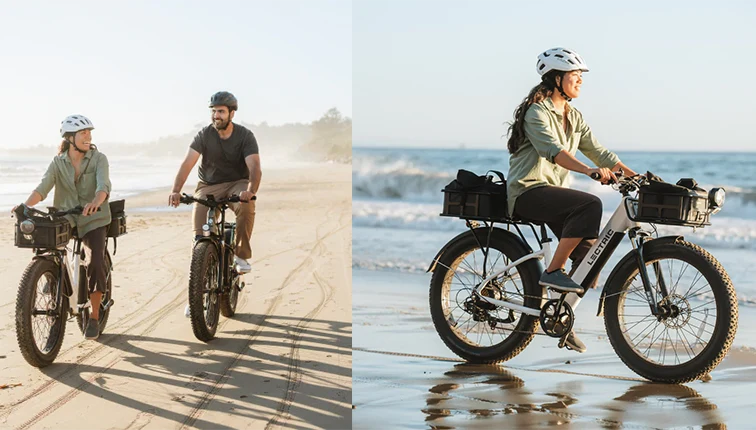 images of lectric xpeak being ridden on the beach