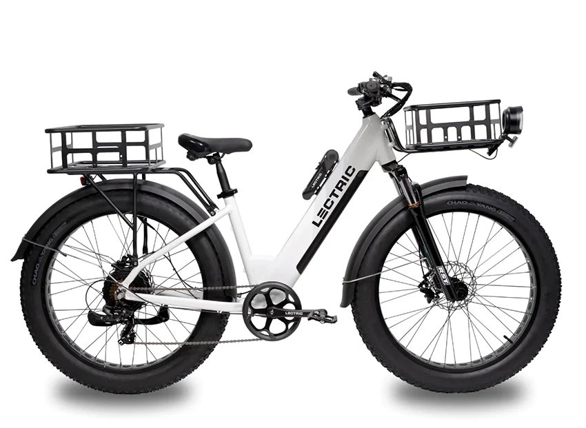 step-over lectric xpeak fat tire ebike with front and rear baskets