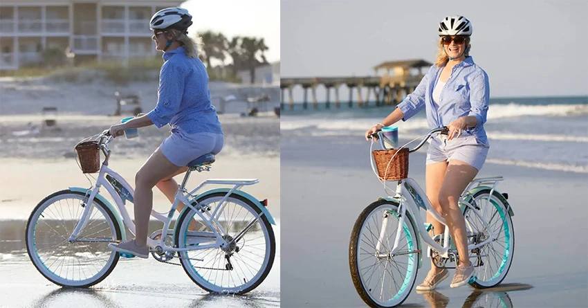 woman riding huffy cruiser bicycle along the beach